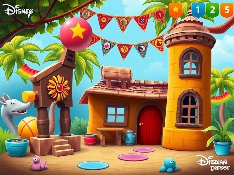 Child playing Disney game on computer with parent watching