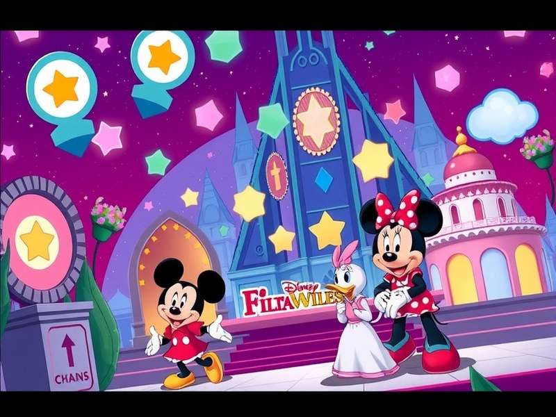 Colorful collage of classic Disney characters like Mickey Mouse, Donald Duck, and Goofy in a playful digital environment