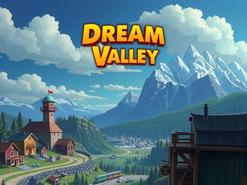 A magical valley landscape with Disney characters silhouetted against a sunset, representing Dream Valley