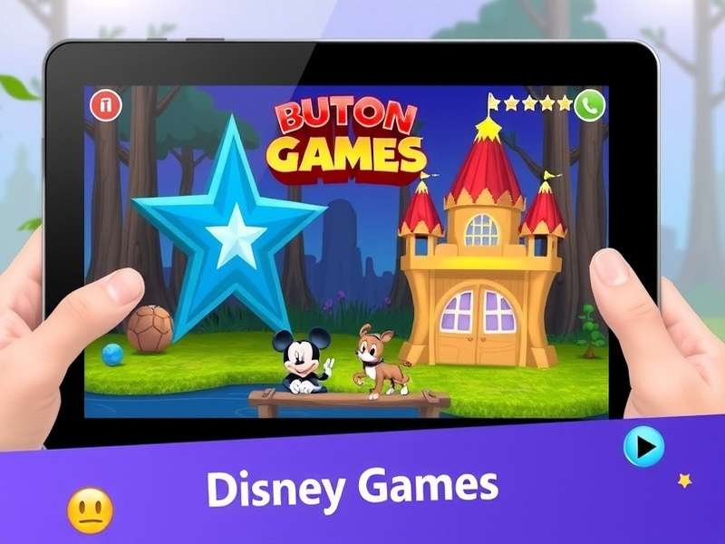A child happily playing Disney games on a tablet, surrounded by Disney plush toys
