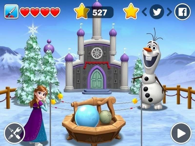 Screenshot of Disney Frozen online game showing Elsa using ice magic in a winter landscape