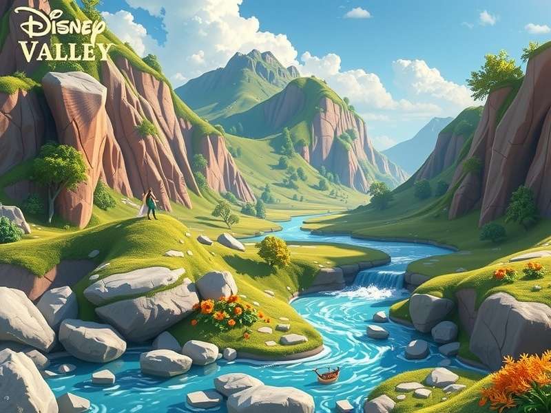 A breathtaking panoramic view of Disney Dream Valley with biomes and characters