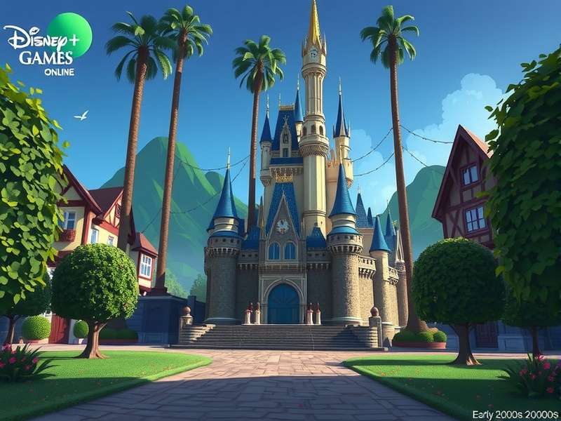 Early 2000s Disney Games Online collage featuring Toontown, Virtual Magic Kingdom, Pixie Hollow and Club Penguin